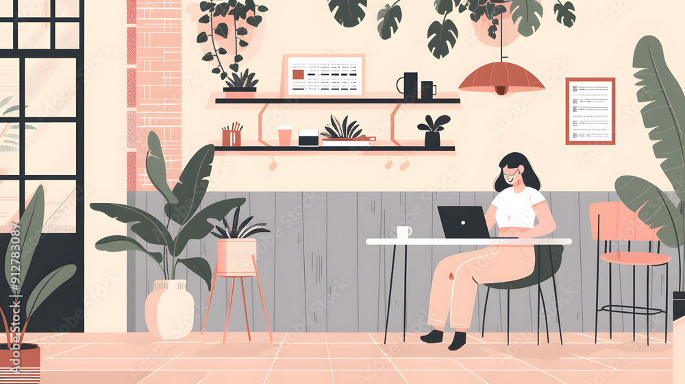Poster student attending an online class via laptop in a cafe setting
