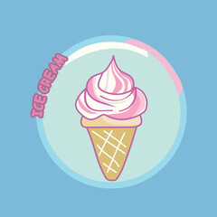 Delicious cone ice cream logo. Suitable for design element of ice cream logo, food and dessert menu.Pink Ice cream cartoon illustration. 