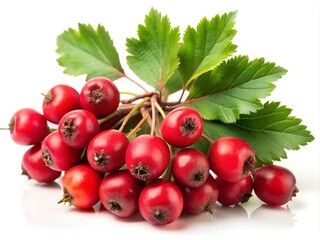 Common hawthorn berries closeup on white background. Plant with berries. Branches of Hawthorn in the garden