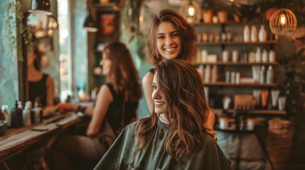 Obraz premium Hairdresser cutting woman's hair, salon