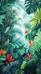 Vibrant jungle scene filled with lush foliage, tropical plants, and colorful flowers, evoking a sense of adventure and tranquility.