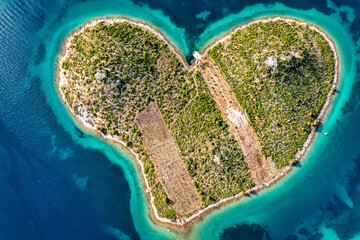 Aerial view of the heart shaped Galesnjak island on the adriatic coast, Zadar, Croatia. Heart...