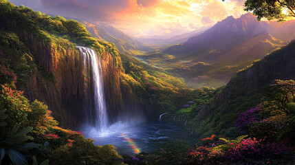 Enchanted Valley: Majestic Waterfall at Sunset