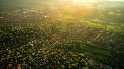 Aerial shot of a suburban area with houses and green spaces, bathed in warm sunlight at sunrise.