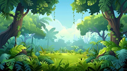 A cartoon jungle scene with tall trees, exotic animals, and lush vegetation, perfect for an adventurous business background