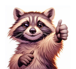 Funny raccoon full of happiness shows thumbs up.