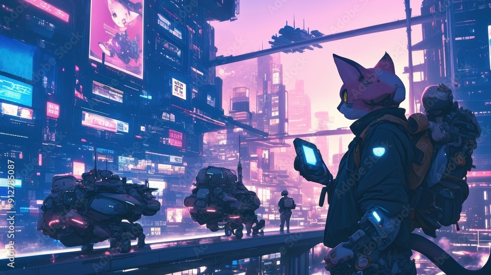 Poster cyberpunk cat and robots in urban nightlife, a feline in futuristic attire engages with sleek robots