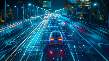 A futuristic cityscape at night with high-speed cars on illuminated highways, surrounded by neon-lit skyscrapers and digital elements. The vibrant colors and dynamic lines evoke a sense of advanced