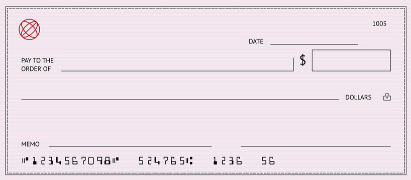 Blank money cheque. Pink bank check. Feminine Check book template with pattern and empty fields. Currency payment coupon, US dollar check background.