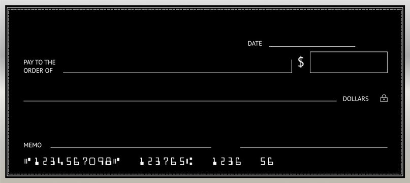 Empty money cheque. Bank check. Currency payment coupon, US dollar check background. Black and silver check book template with blank fields.