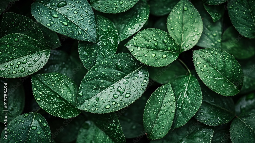 Poster macro view of water droplets on the lush green leaves capturing their vitality and natural freshness