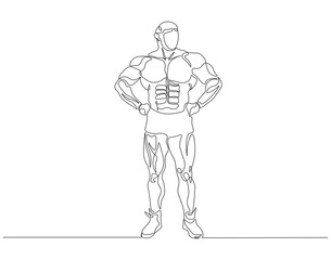 Continuous one line drawing of bodybuilder posed. One line drawing illustration of man bodybuilder posed. Fitness center gym concept line art. Editable outline