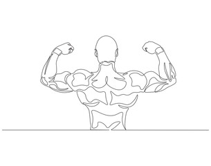 Continuous one line drawing of bodybuilder posed. One line drawing illustration of man bodybuilder posed. Fitness center gym concept line art. Editable outline