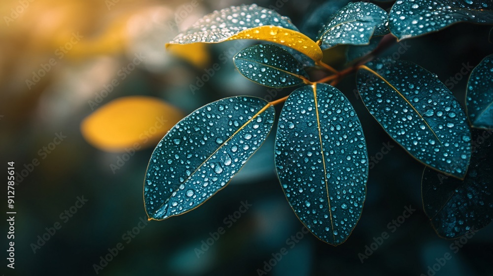 Poster macro view of water droplets on the lush green leaves capturing their vitality and natural freshness
