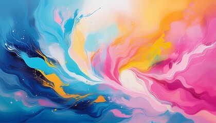 A colorful abstract painting with blue, pink, yellow, and white hues