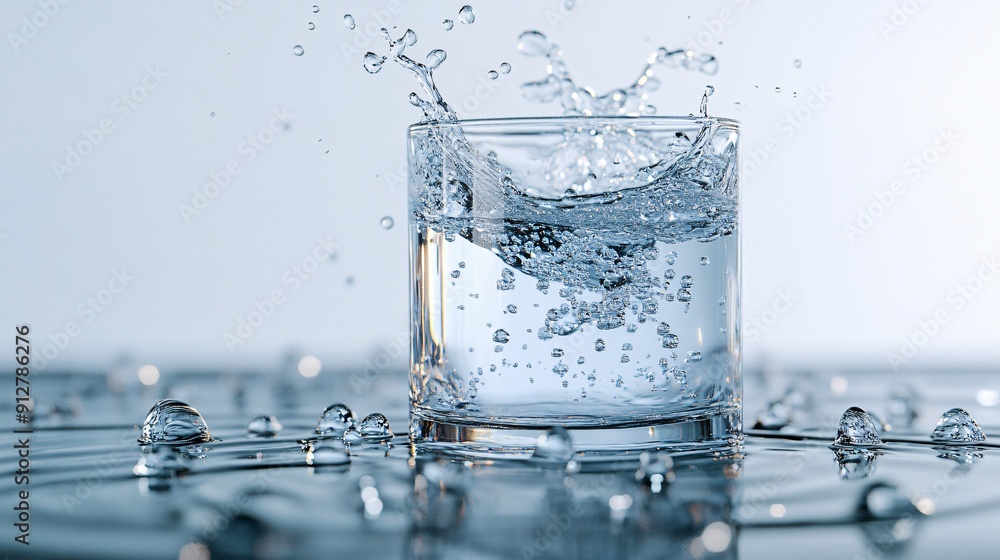 Poster Water cascading into a crystal-clear glass creating dynamic splashes and droplets on a pristine white background Stock Photo with copy space