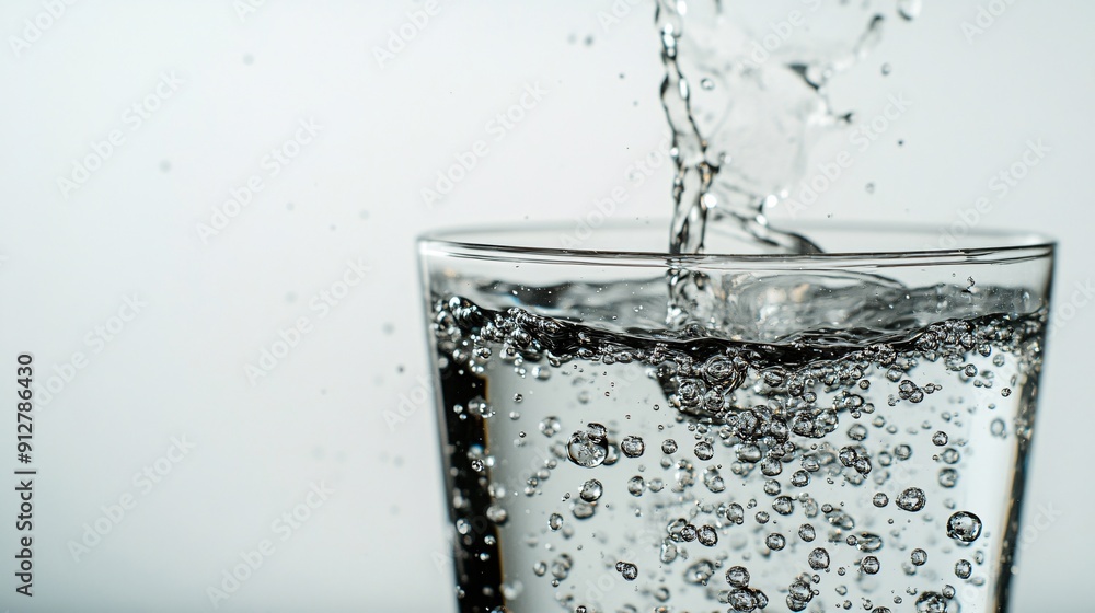 Poster a close up shot of water being poured into a clear glass with droplets splashing dramatically agains