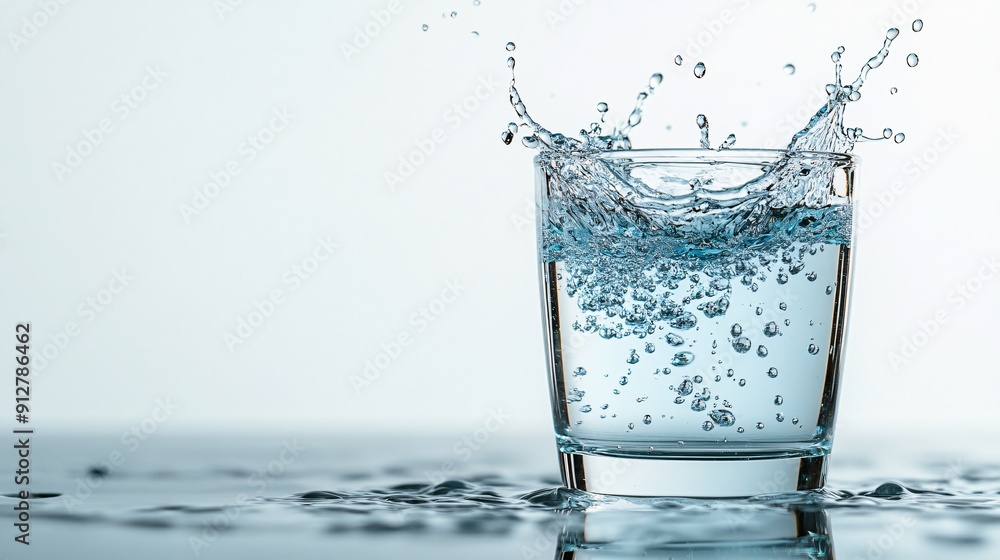 Poster close up view of water splashing into a transparent glass with droplets suspended mid-air set agains