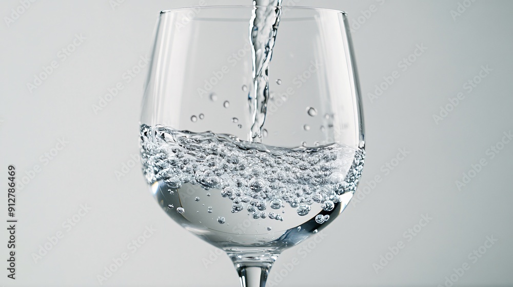 Poster detailed close-up of water being poured into a glass with sparkling droplets and splashes on a brigh