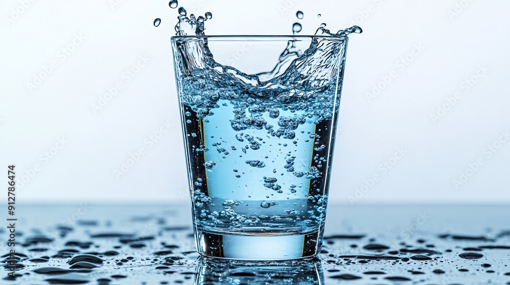 Poster close up view of water splashing into a transparent glass with droplets suspended mid-air set agains