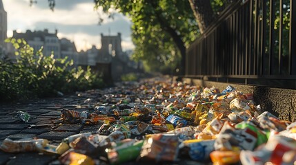 Close-up View of Discarded Food Wrappers and Litter Strewn on Urban Sidewalk and Pavement