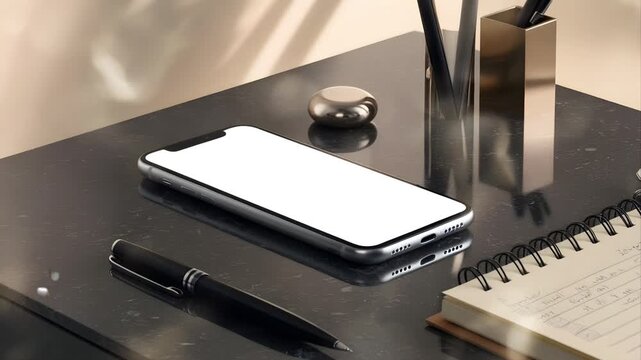 White screen smartphone is on the table with some work tools. App promotion background display. Seamless 4K looping timelapse video animation generated AI