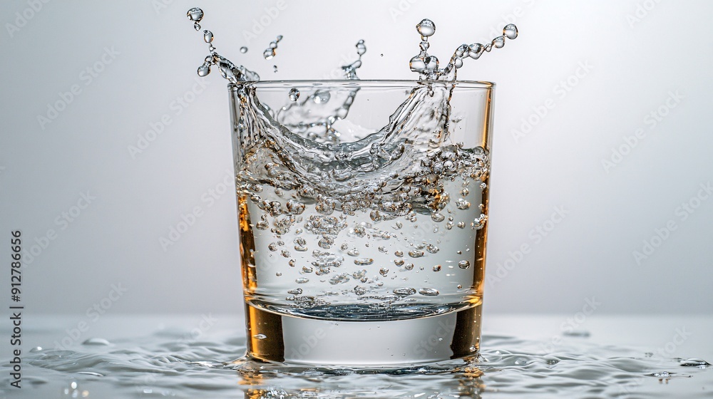 Poster close-up photograph of water being poured creating beautiful droplets and splashes into a glass on a