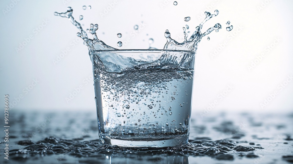 Poster close-up photograph of water being poured creating beautiful droplets and splashes into a glass on a