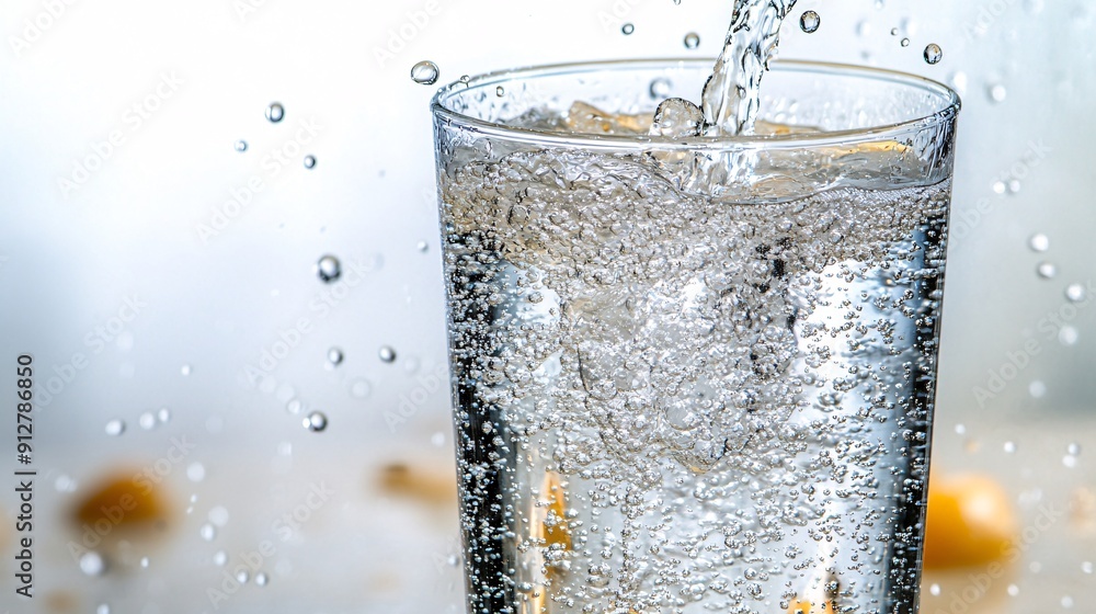 Poster crystal-clear water pouring into a glass with intricate droplets and splashes highlighted against a 