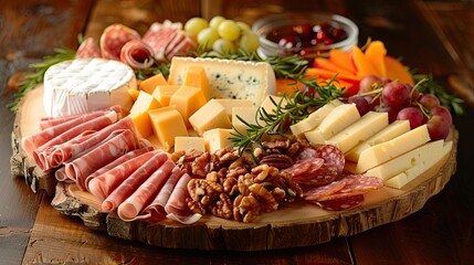 Elegant plate of artisanal cheese and charcuterie with fresh fruits, nuts, and a drizzle of honey, arranged on a rustic wooden board