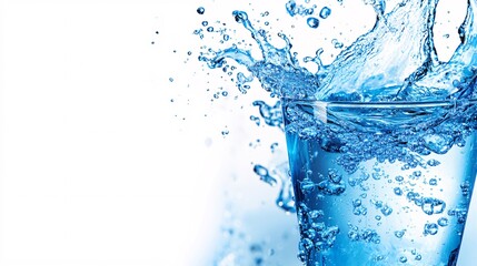 Crystal-clear water pouring into a glass with intricate droplets and splashes highlighted against a clean white background Stock Photo with copy space
