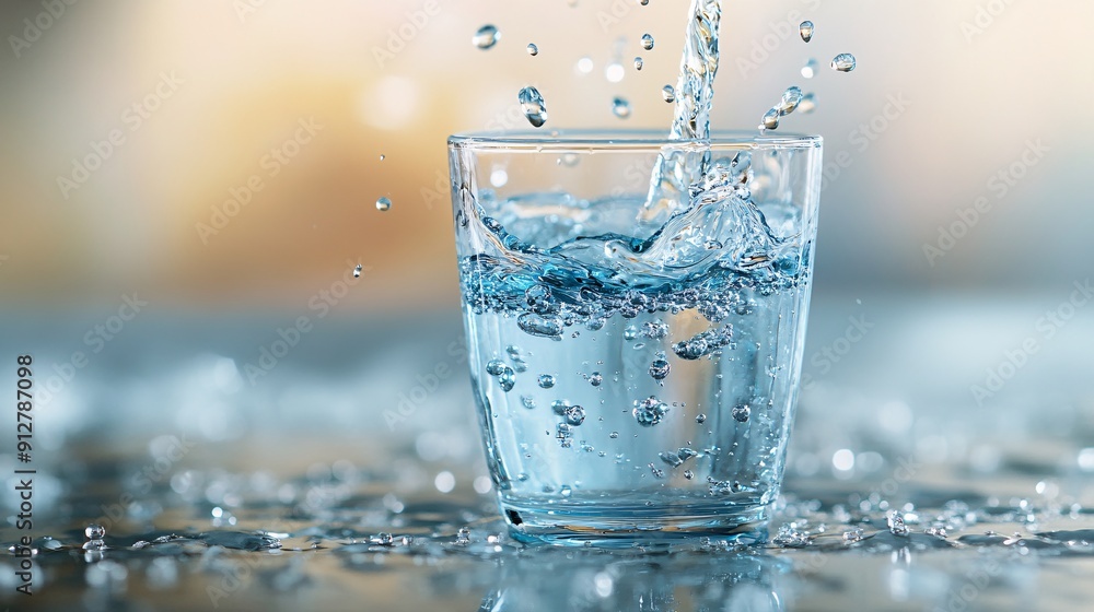 Poster close-up image of water being poured into a glass with suspended droplets and dynamic splashes on a 