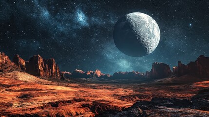Alien vista with a large moon rising over 