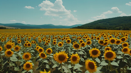 Obraz premium Sunflower field stretching to the horizon under blue sky 