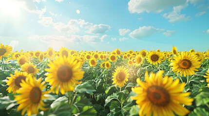 Obraz premium Sunflower field stretching to the horizon under blue sky 