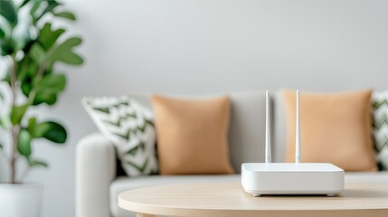 A wireless router sits on a wooden table in a bright living room filled with plants and comfortable furniture, indicating a strong internet connection