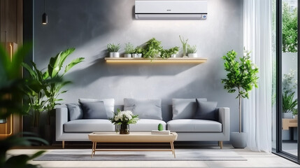 A modern living room featuring an air conditioner on the wall, a grey sofa, and green plants. The interior design showcases a contemporary home entrance hall or waiting area with a window, emphasizing