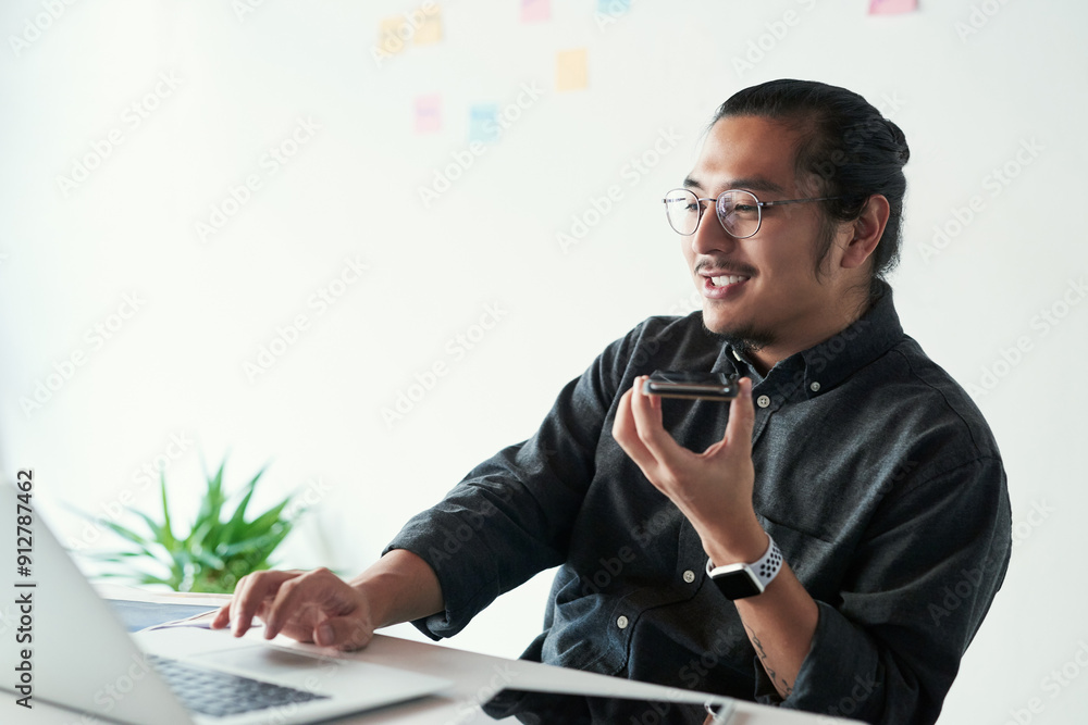 Poster speaker, laptop and phone call with businessman in office, planning and mockup for startup network. 