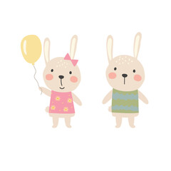 Cute bunnies with balloons. Vector illustration in cartoon style.