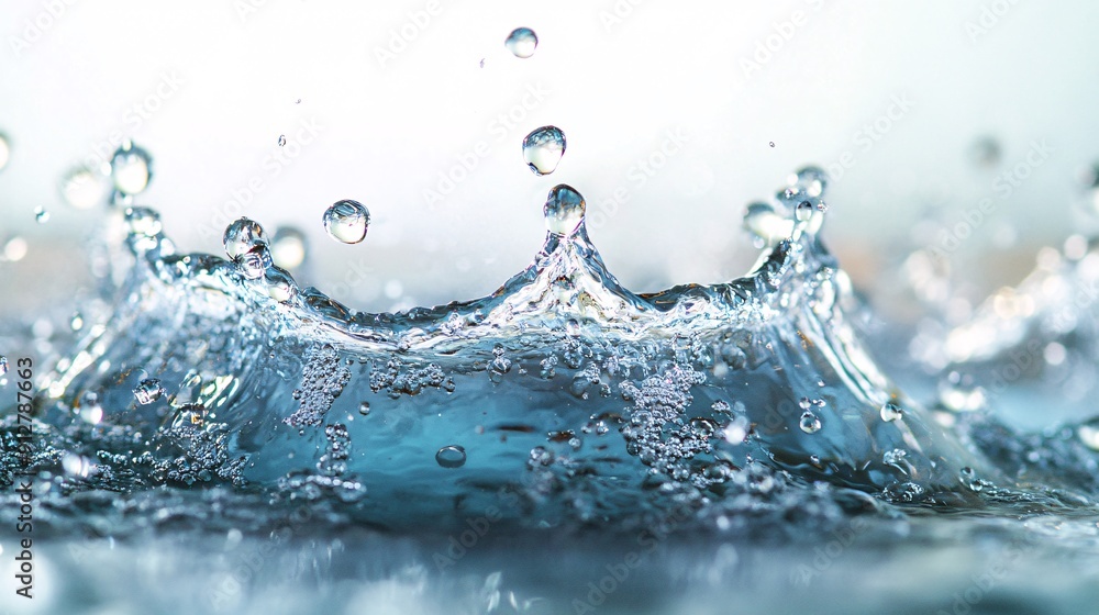 Poster detailed image of water pouring into a glass creating beautiful droplets and splashes on a bright wh
