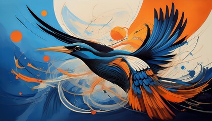 An abstract painting of a bird with blue, orange, and black colors against a blue and white sky