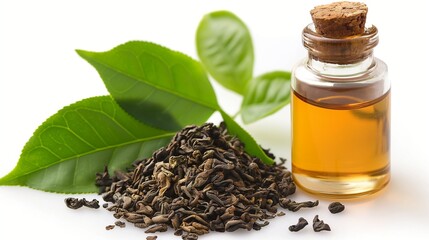 Tea oil in glass bottle with fresh leaves, isolated