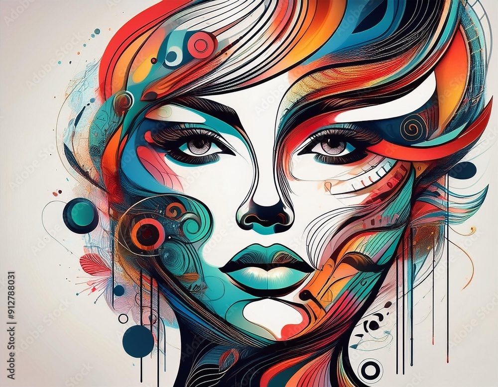 Poster A digital illustration of a woman's face outlined in black and filled with color, abstract shapes, and brushstrokes. The background is white