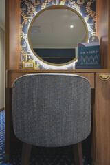Luxurious interior or inside cabin stateroom on luxury ocean cruiseship or cruise ship liner in...