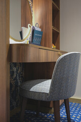 Luxurious interior or inside cabin stateroom on luxury ocean cruiseship or cruise ship liner in...
