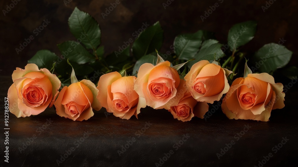 Wall mural photographic effect of apricot orange color blooms on dark moody floral textured background.