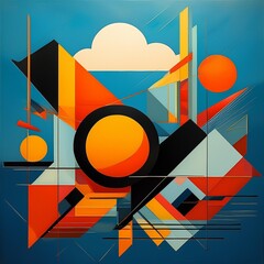 A stylized, abstract painting featuring geometric shapes in blue, orange, yellow, red, and black against a blue sky with a white cloud