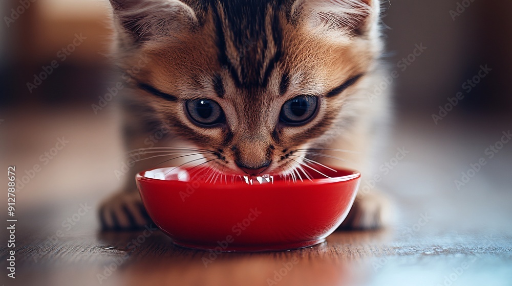Aufkleber an adorable kitten sipping water from a pristine bowl its whiskers wet and eyes wide open with curio