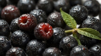 close-up photo of a mix of blueberries and raspberries. Blackberries, redberries