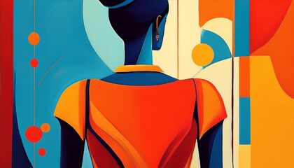 A colorful, abstract painting of a figure wearing a bright orange shirt and a blue neckline. The figure appears to be looking out of a window